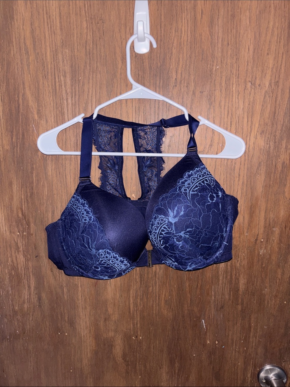 Cacique Navy Lace Racerback Front-Closure Bra
